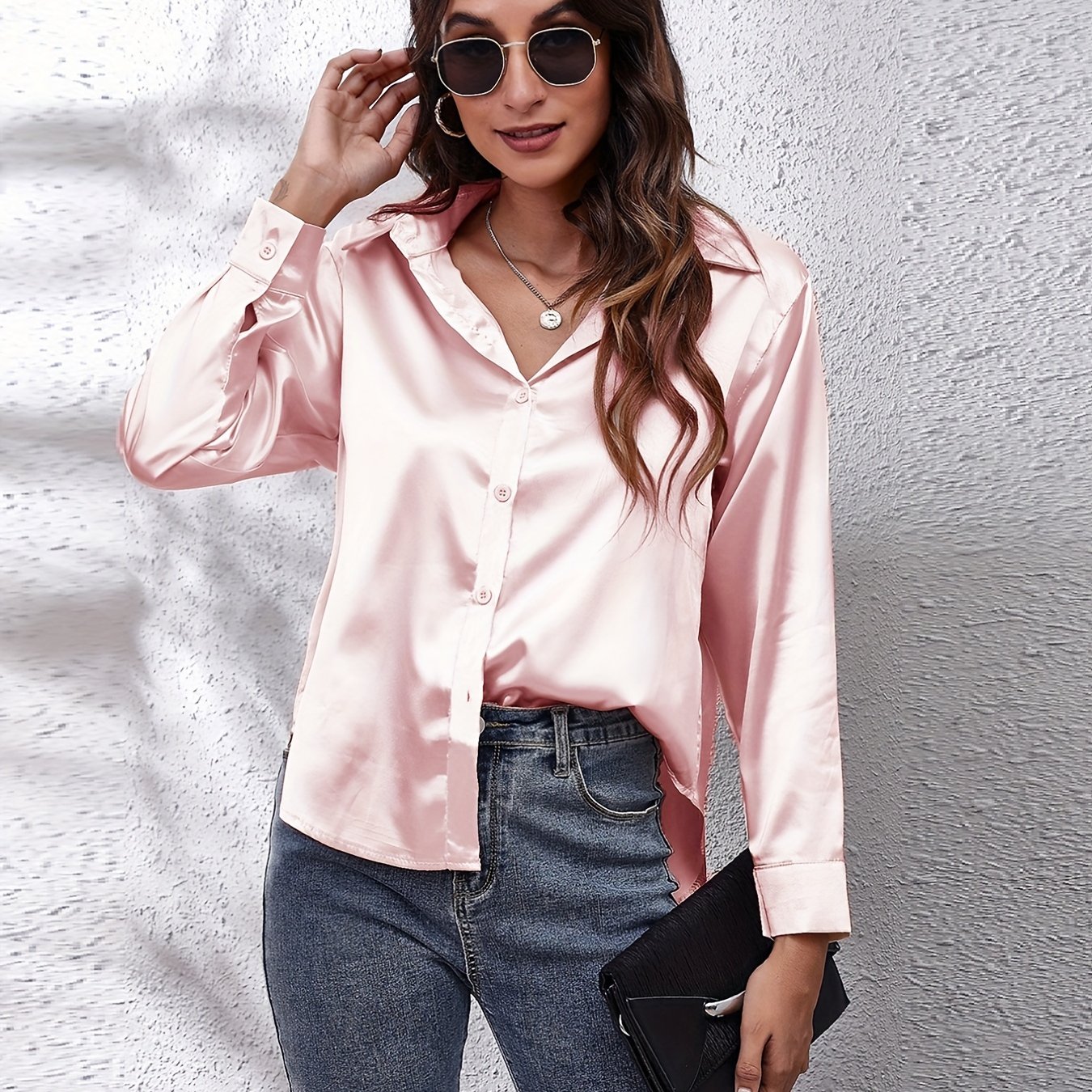 Elegant Satin-Finish Long Sleeve Blouse for Women - Chic Solid Color, Non-Stretch Fabric, Perfect for Spring/Fall, Ideal for Formal Occasions, Ladies Blouses - Image 22