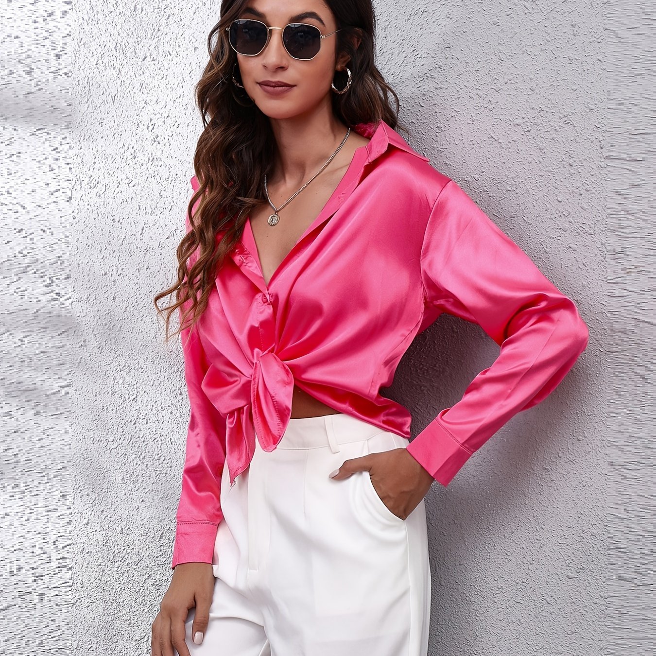 Elegant Satin-Finish Long Sleeve Blouse for Women - Chic Solid Color, Non-Stretch Fabric, Perfect for Spring/Fall, Ideal for Formal Occasions, Ladies Blouses - Image 12
