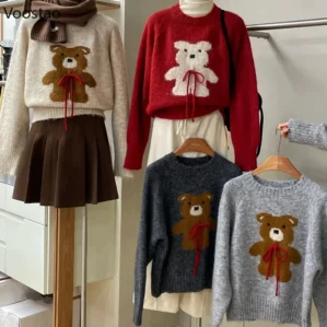 Sweet Christmas Red Knitted Pullovers Women Kawaii Cartoon Bear Jacquard Sweaters Tops Autumn Winter Casual Loose Knitwear Coat