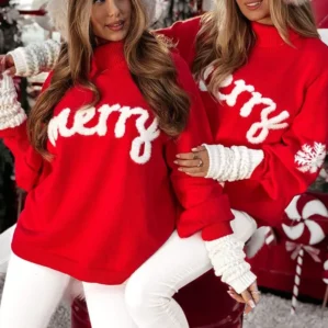 Combhasaki Women Christmas Autumn Winter Loose Fit Sweater Top Fuzzy Letter Embroidery Long Sleeve Turtle Neck Knitwear Pullover