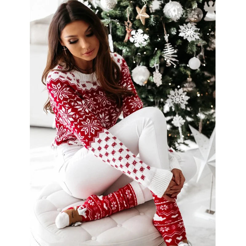 Women Sweater Christmas Snowflake Knitted Long Sleeve O Neck Ladies Jumper Fashion Casual Winter Autumn Printed Pullover Clothes - Image 4