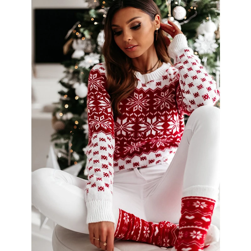 Women Sweater Christmas Snowflake Knitted Long Sleeve O Neck Ladies Jumper Fashion Casual Winter Autumn Printed Pullover Clothes - Image 7