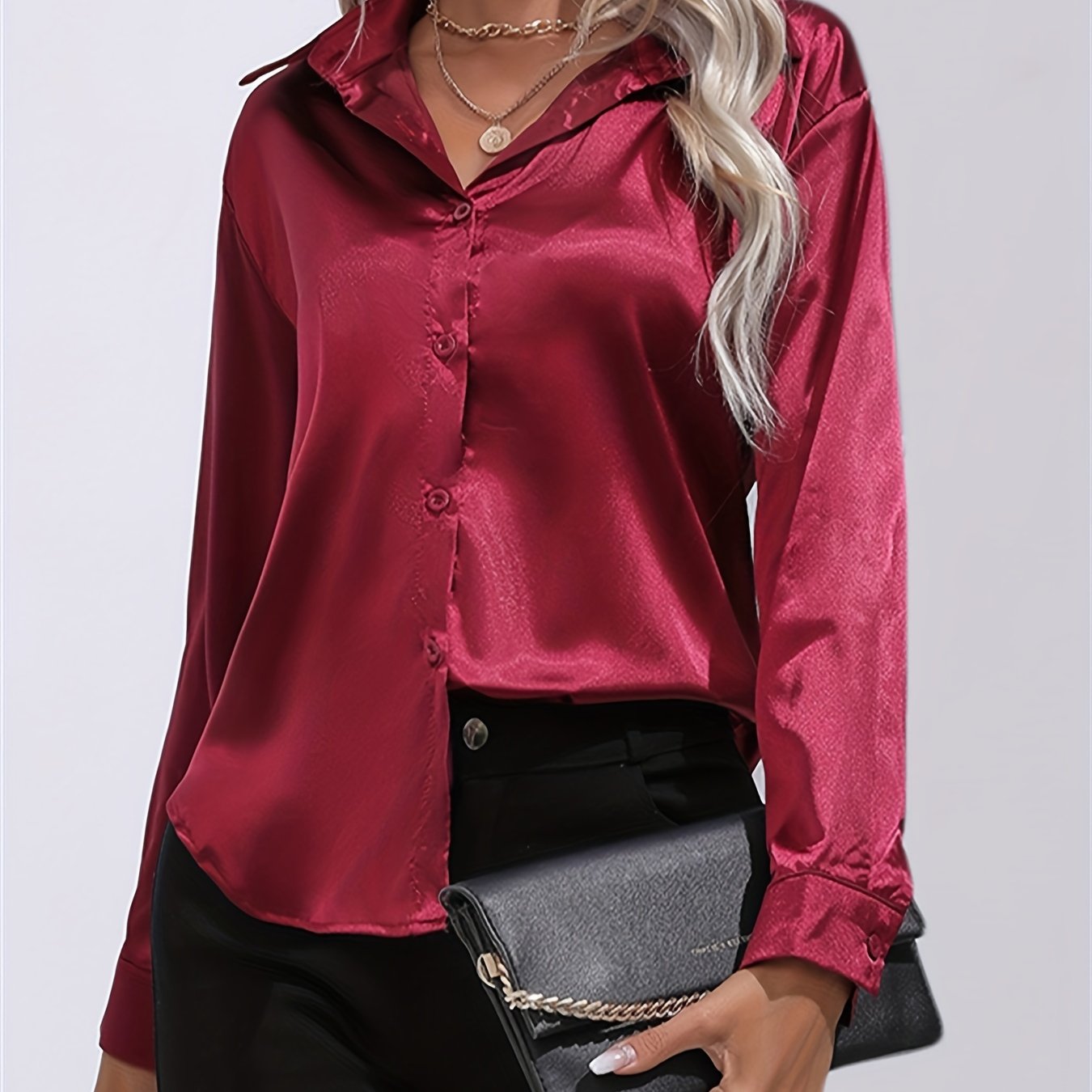 Spring And Summer Satin Imitation Silk Long-sleeved Lapel Solid Color Thong Shirt - Image 15
