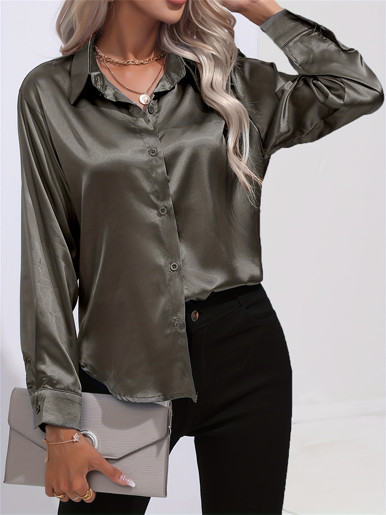 Spring And Summer Satin Imitation Silk Long-sleeved Lapel Solid Color Thong Shirt - Image 5