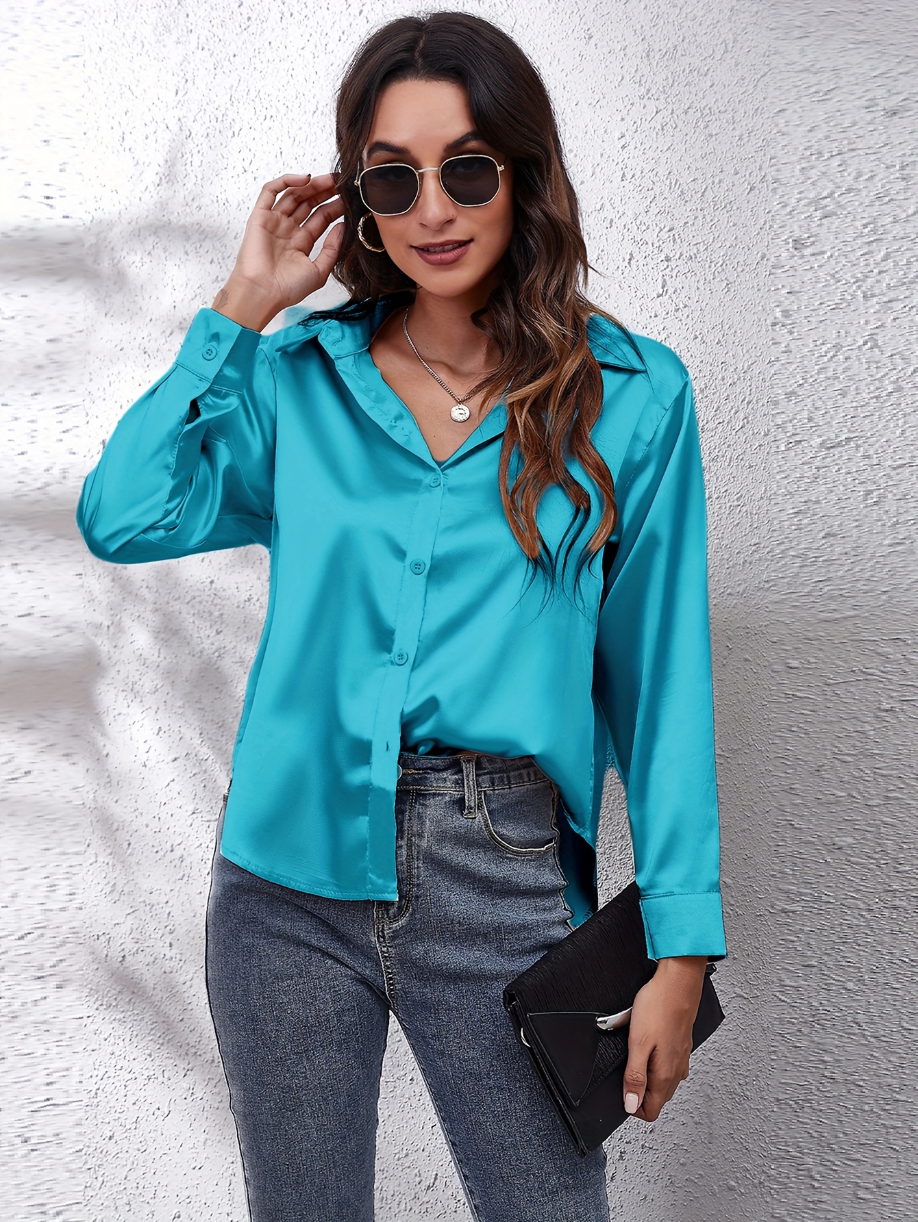 Elegant Satin-Finish Long Sleeve Blouse for Women - Chic Solid Color, Non-Stretch Fabric, Perfect for Spring/Fall, Ideal for Formal Occasions, Ladies Blouses - Image 2