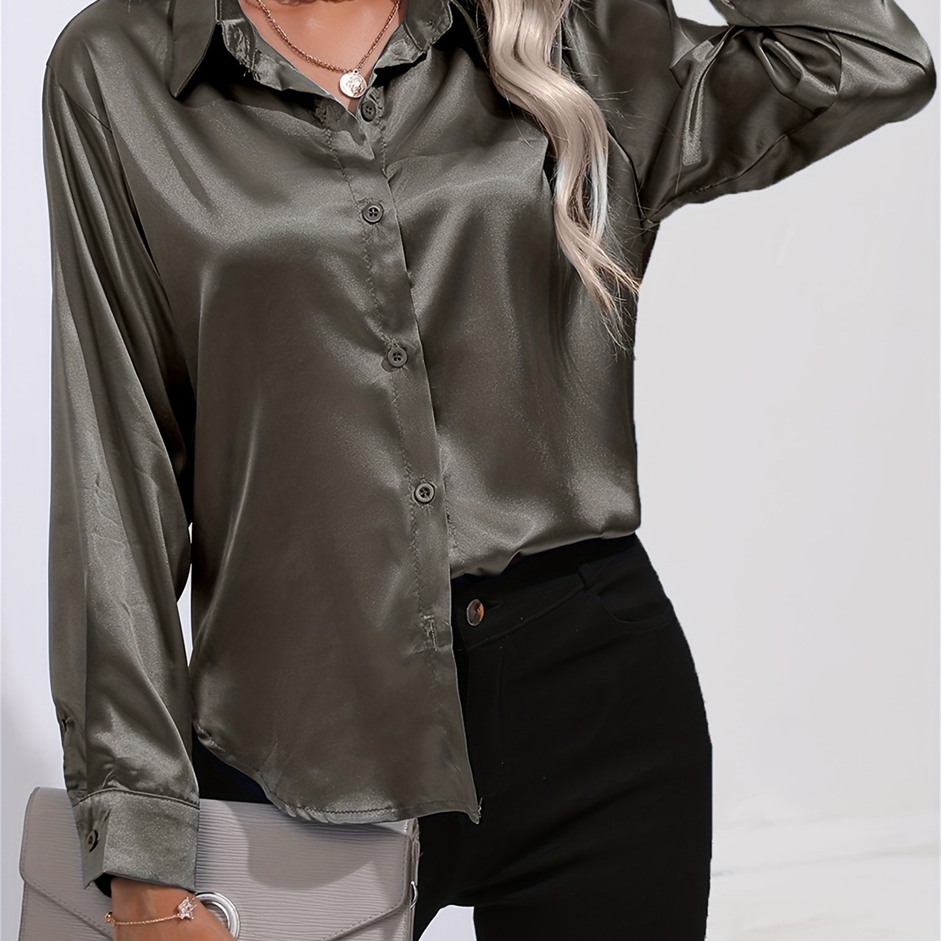 Spring And Summer Satin Imitation Silk Long-sleeved Lapel Solid Color Thong Shirt - Image 25