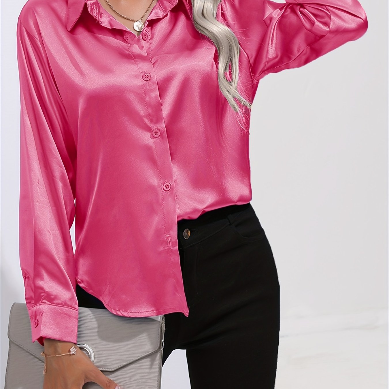 Spring And Summer Satin Imitation Silk Long-sleeved Lapel Solid Color Thong Shirt - Image 19