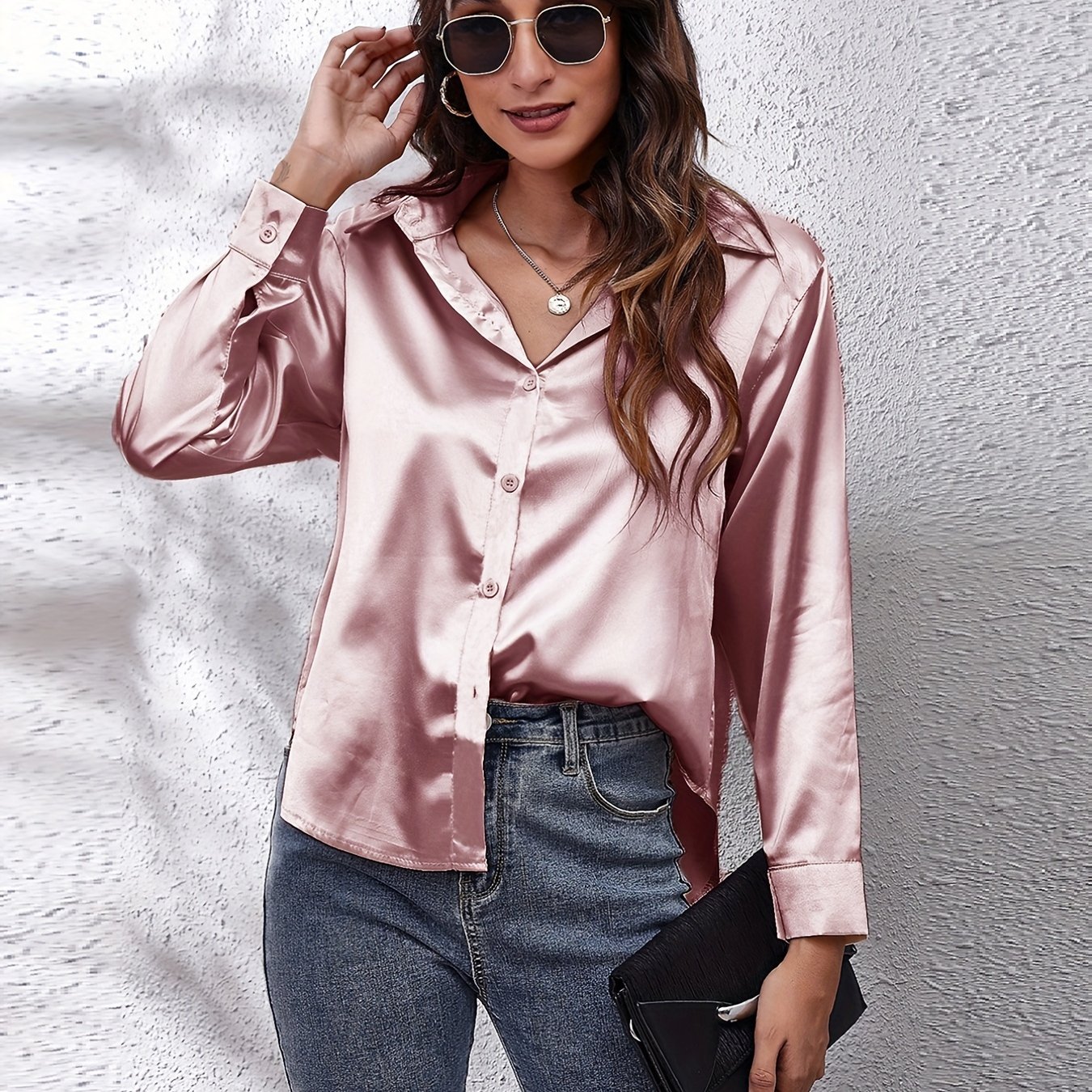 Elegant Satin-Finish Long Sleeve Blouse for Women - Chic Solid Color, Non-Stretch Fabric, Perfect for Spring/Fall, Ideal for Formal Occasions, Ladies Blouses - Image 28