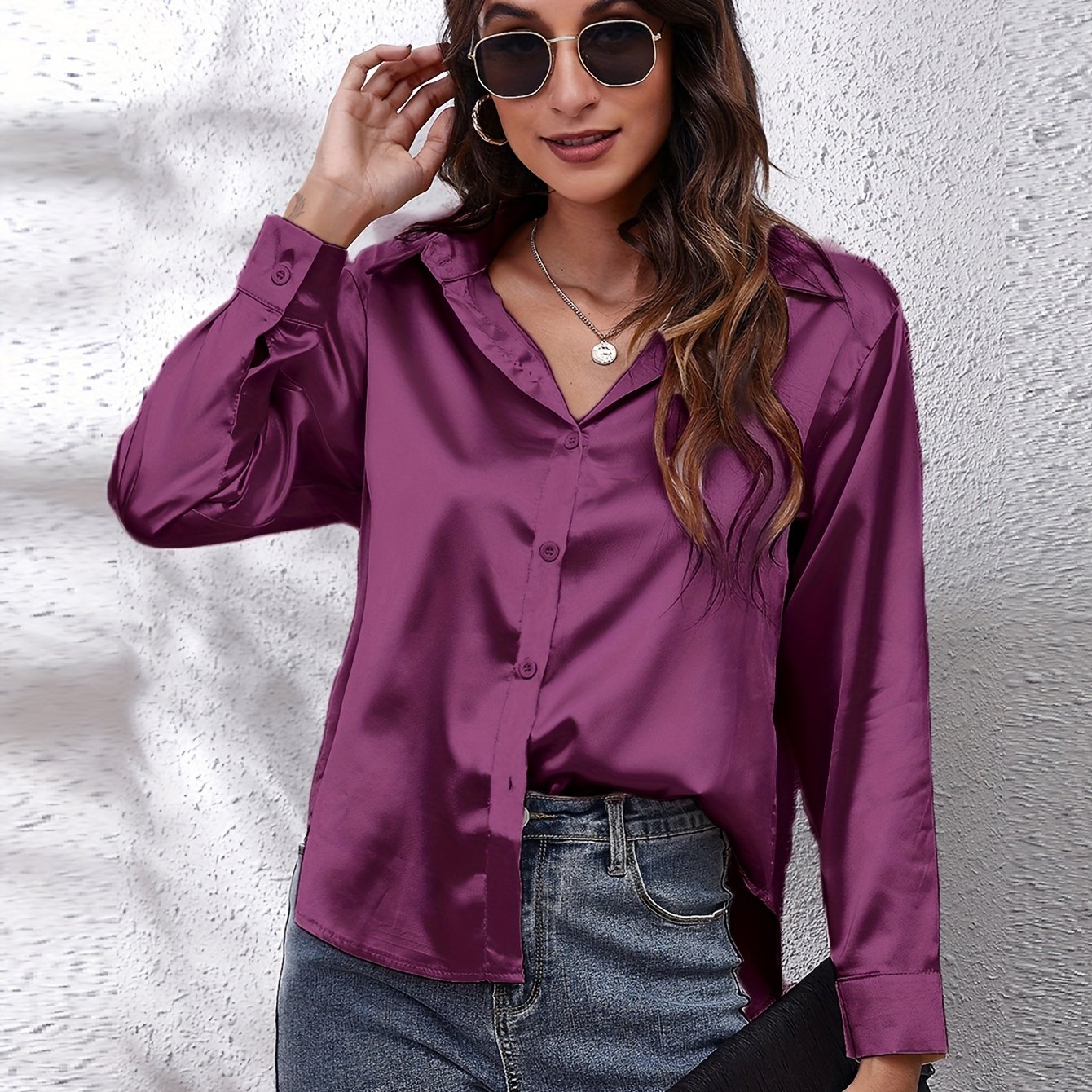 Elegant Satin-Finish Long Sleeve Blouse for Women - Chic Solid Color, Non-Stretch Fabric, Perfect for Spring/Fall, Ideal for Formal Occasions, Ladies Blouses - Image 30