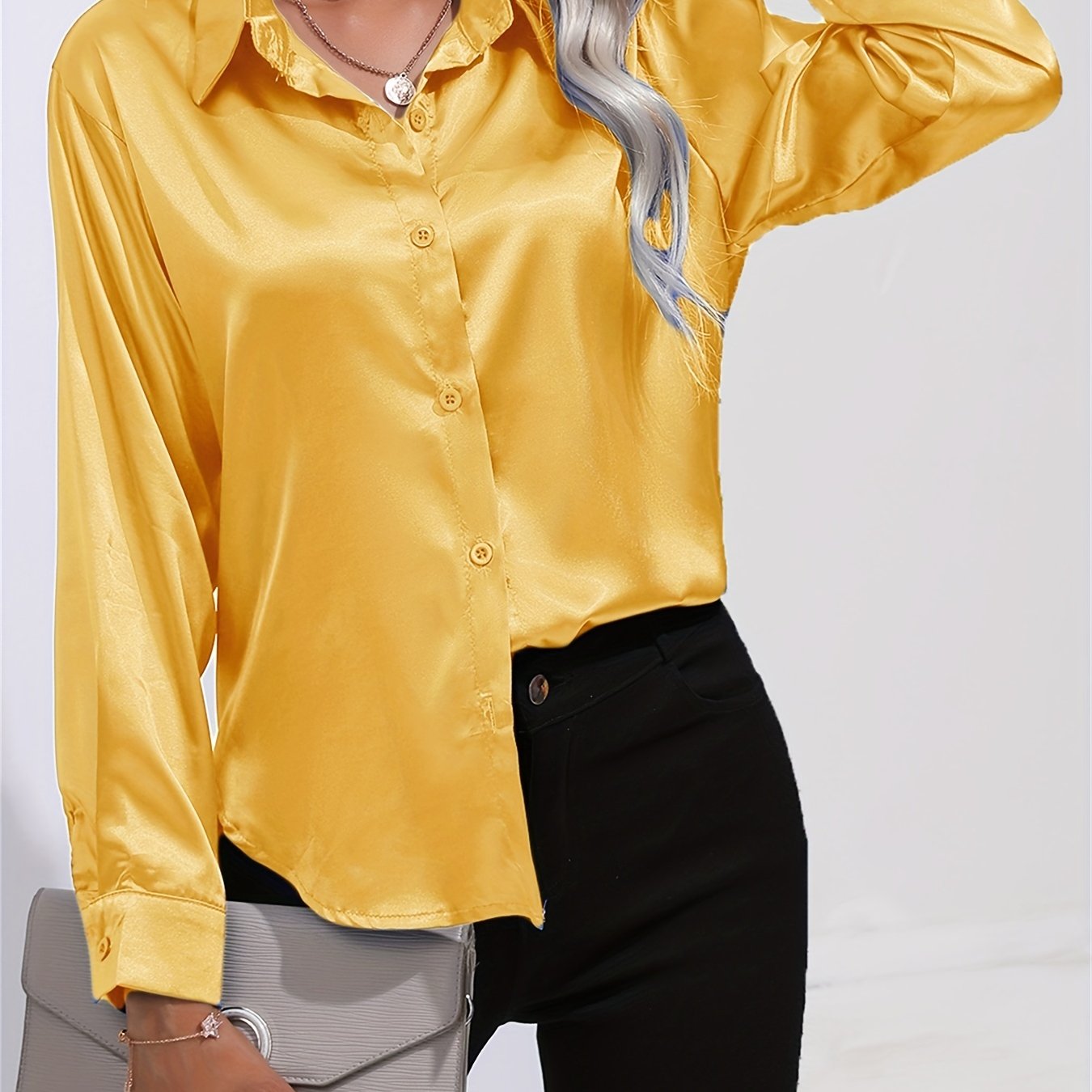 Spring And Summer Satin Imitation Silk Long-sleeved Lapel Solid Color Thong Shirt - Image 28