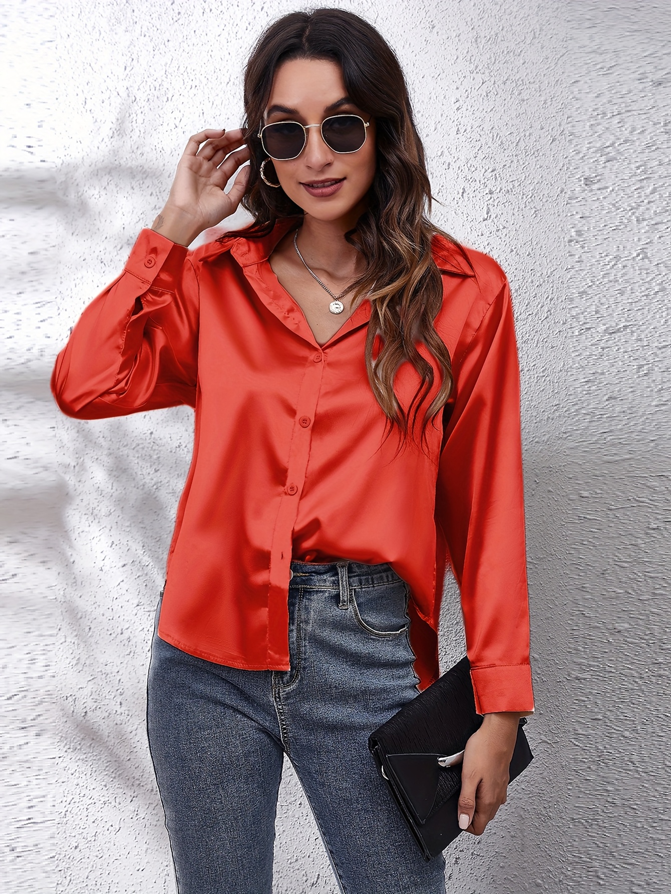 Elegant Satin-Finish Long Sleeve Blouse for Women - Chic Solid Color, Non-Stretch Fabric, Perfect for Spring/Fall, Ideal for Formal Occasions, Ladies Blouses - Image 3