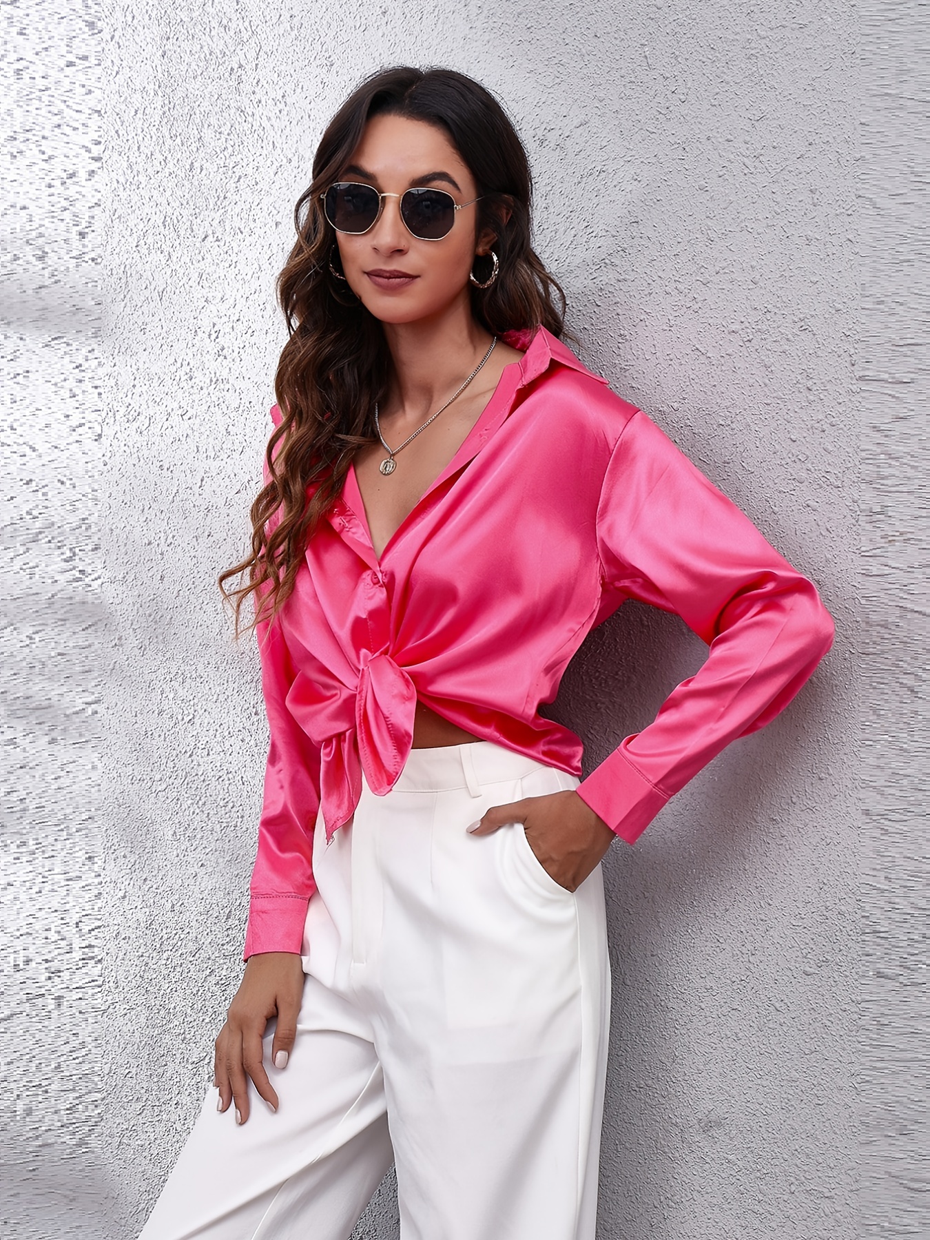 Elegant Satin-Finish Long Sleeve Blouse for Women - Chic Solid Color, Non-Stretch Fabric, Perfect for Spring/Fall, Ideal for Formal Occasions, Ladies Blouses