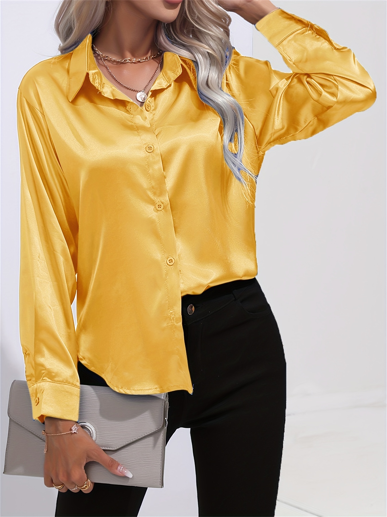 Spring And Summer Satin Imitation Silk Long-sleeved Lapel Solid Color Thong Shirt - Image 11