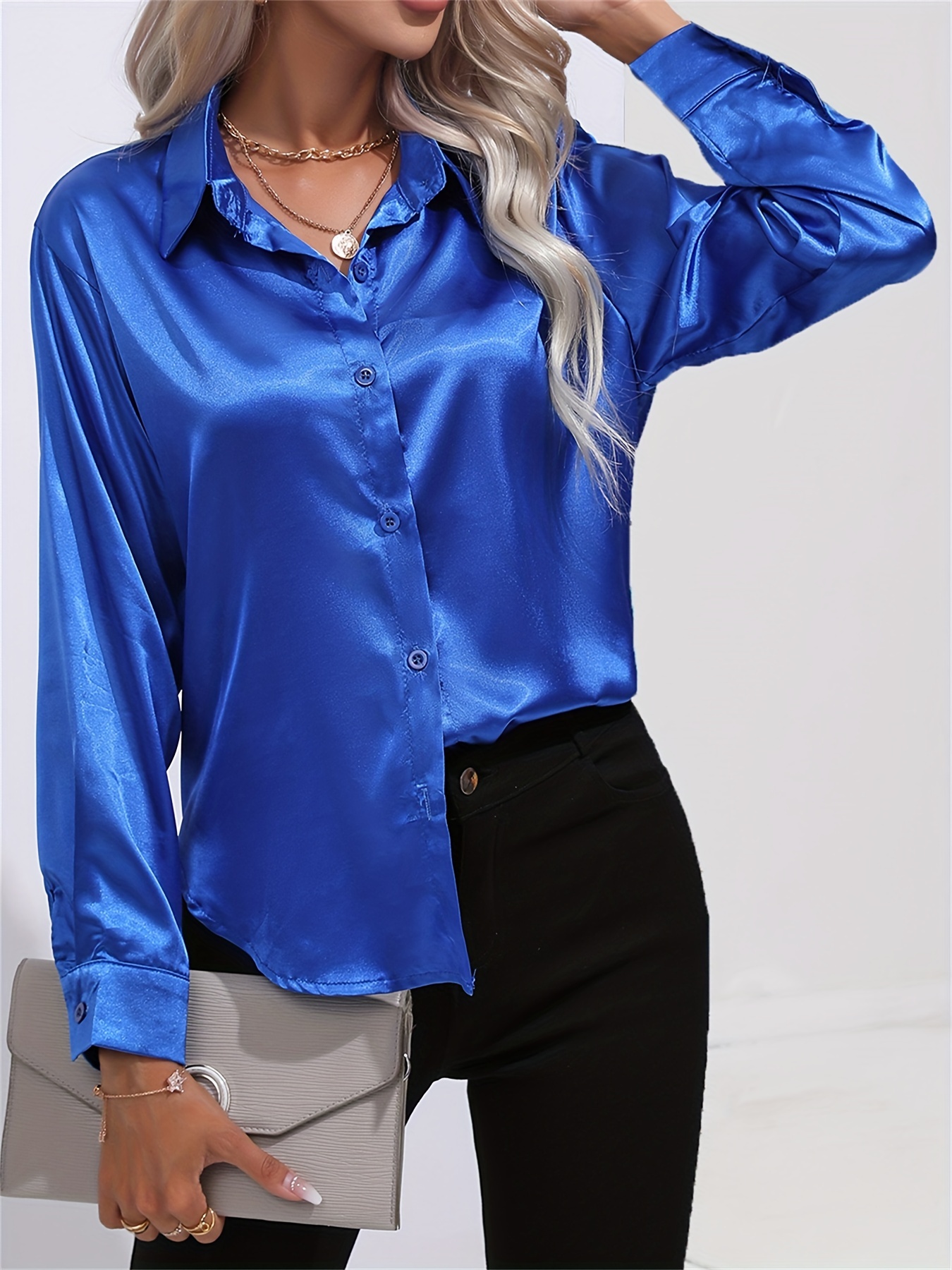 Spring And Summer Satin Imitation Silk Long-sleeved Lapel Solid Color Thong Shirt - Image 7