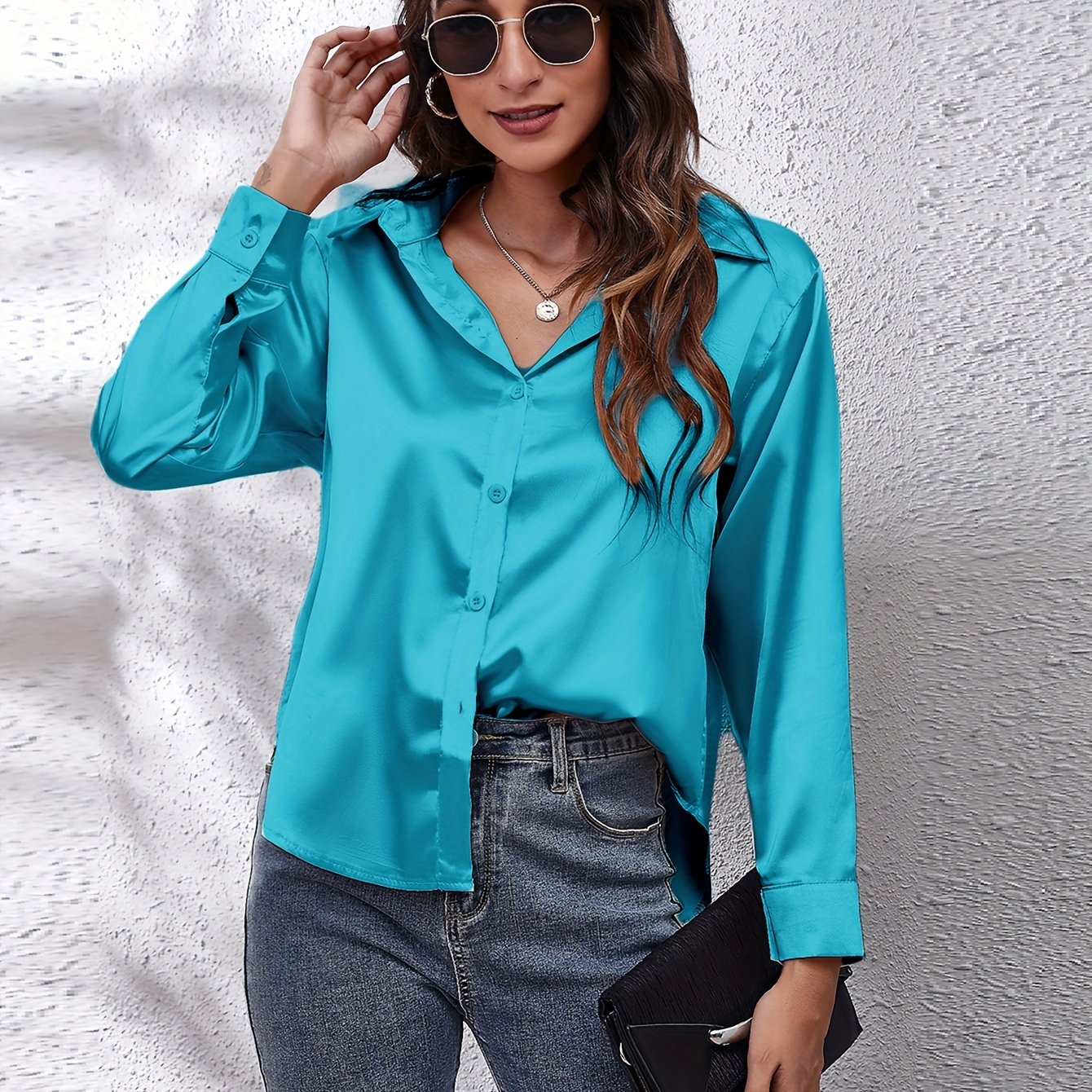Elegant Satin-Finish Long Sleeve Blouse for Women - Chic Solid Color, Non-Stretch Fabric, Perfect for Spring/Fall, Ideal for Formal Occasions, Ladies Blouses - Image 31