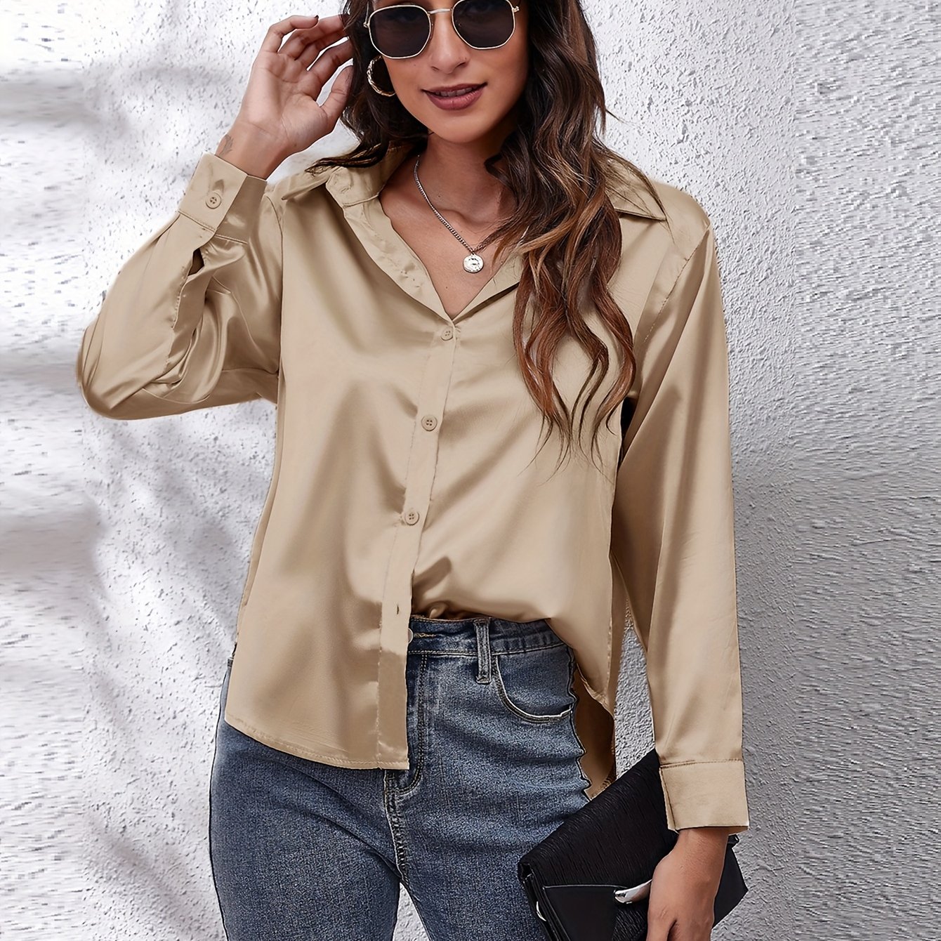 Elegant Satin-Finish Long Sleeve Blouse for Women - Chic Solid Color, Non-Stretch Fabric, Perfect for Spring/Fall, Ideal for Formal Occasions, Ladies Blouses - Image 33