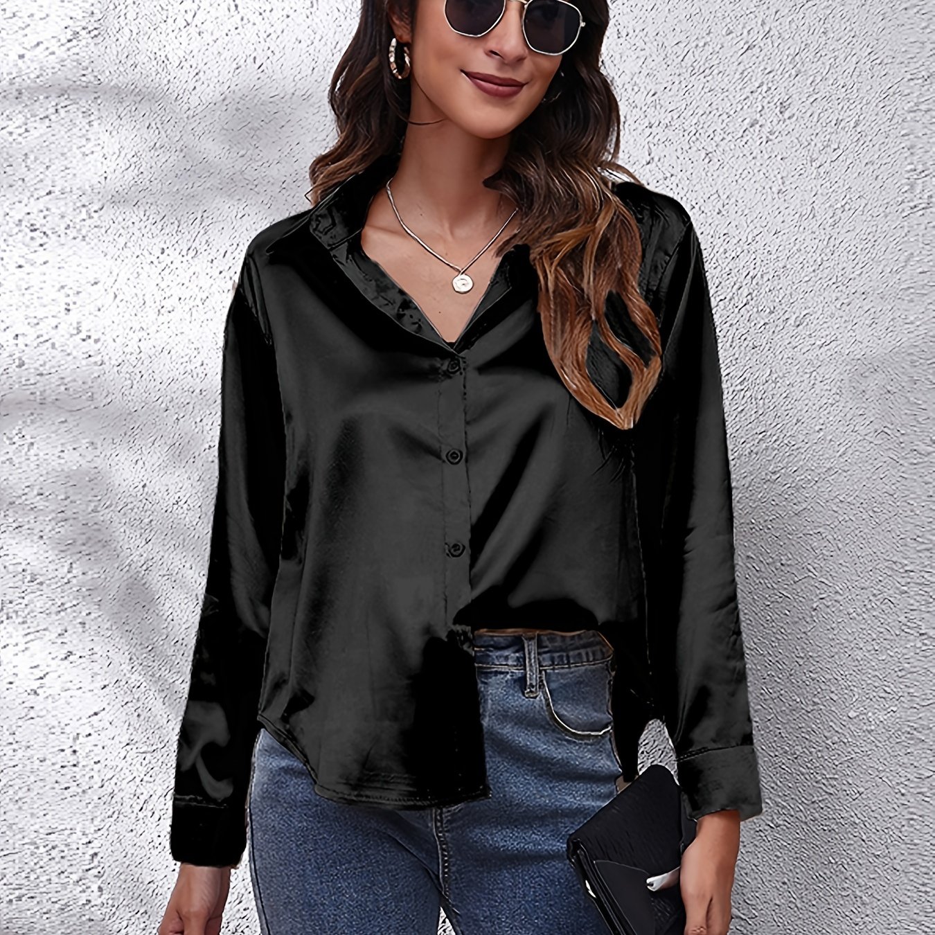 Elegant Satin-Finish Long Sleeve Blouse for Women - Chic Solid Color, Non-Stretch Fabric, Perfect for Spring/Fall, Ideal for Formal Occasions, Ladies Blouses - Image 14